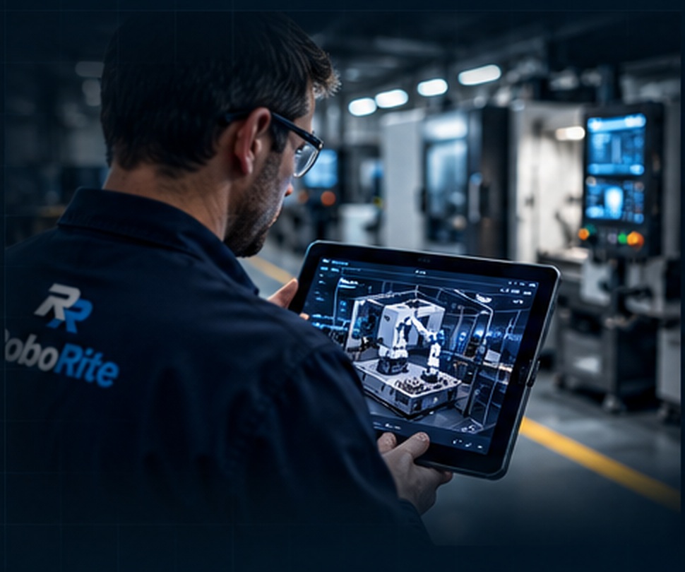 Automation engineer evaluating a robotic production system on a tablet