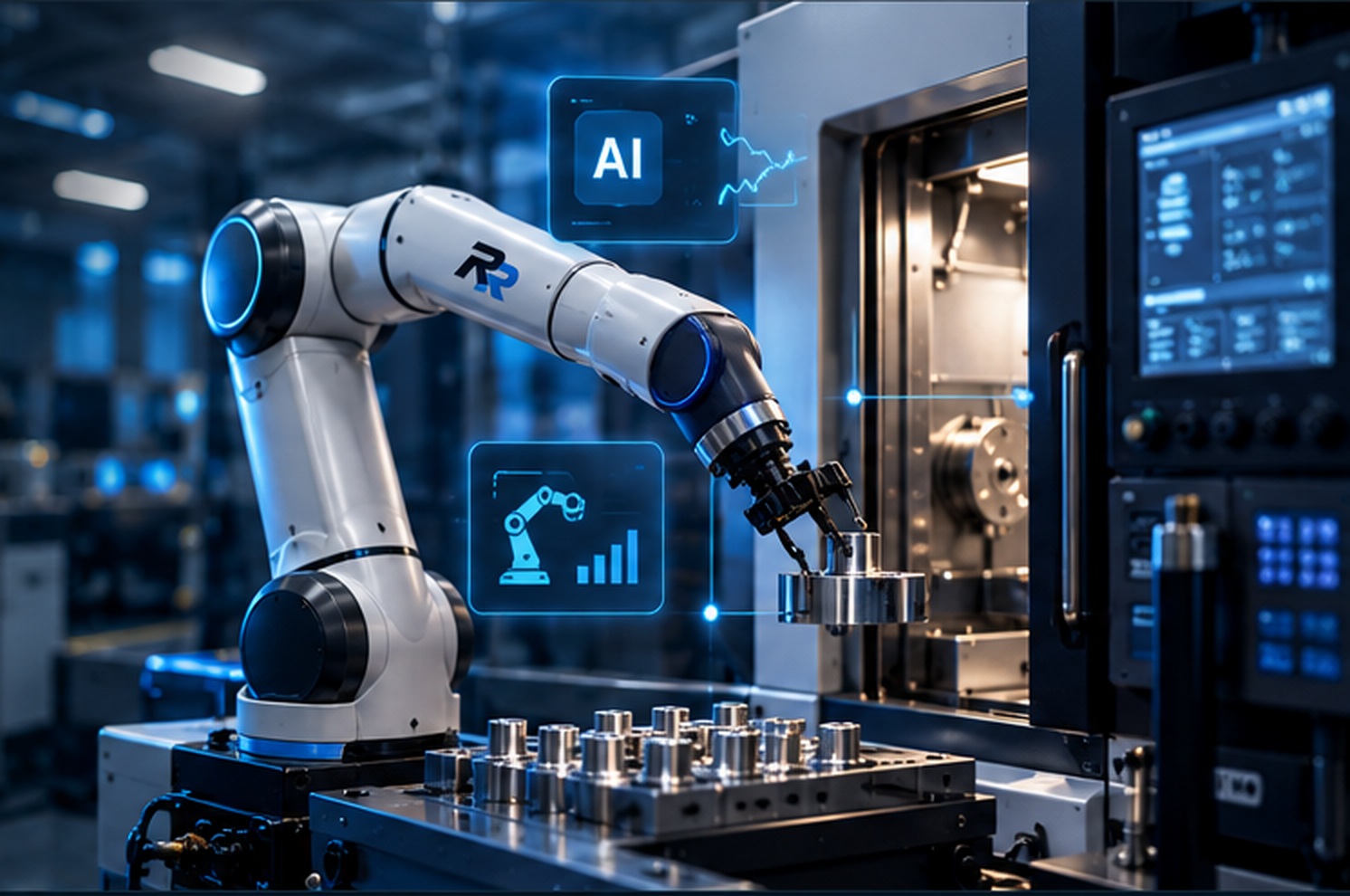 Collaborative robot performing automated machine tending in an advanced manufacturing environment